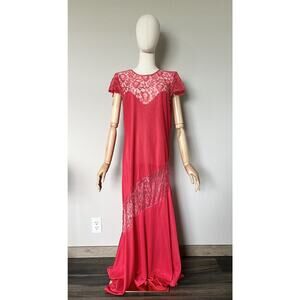 Vintage Kayser Size M Red Nightgown Maxi Lace Lingerie Nightie USA Made